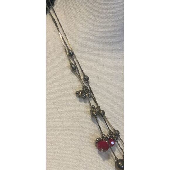 Red Beaded Silver Tone Multi Strand Necklace - Picture 2 of 11